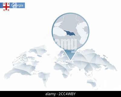 Abstract rounded World Map with pinned detailed Georgia map. Map and flag of Georgia. Vector Illustration. Stock Vector