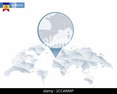 Abstract rounded World Map with pinned detailed Andorra map. Vector Illustration. Stock Vector