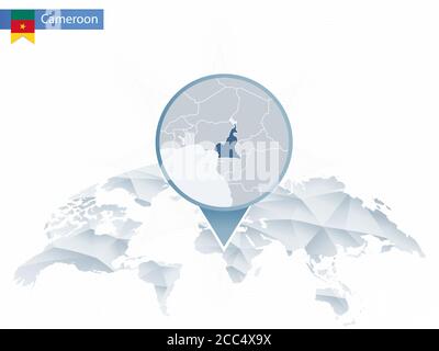 Abstract rounded World Map with pinned detailed Cameroon map. Vector Illustration. Stock Vector