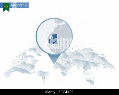 Abstract rounded World Map with pinned detailed Mauritania map. Vector Illustration. Stock Vector