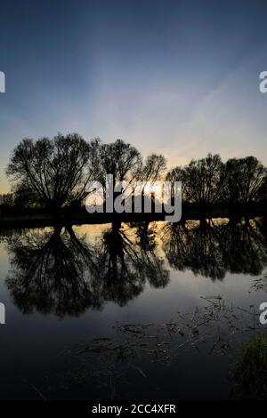 Autumn sunset, river Nene Valley, near Castor village, Cambridgeshire County, England; UK Stock Photo