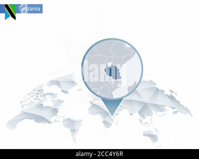 Abstract rounded World Map with pinned detailed Tanzania map. Vector Illustration. Stock Vector