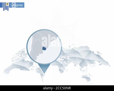 Abstract rounded World Map with pinned detailed Uruguay map. Vector Illustration. Stock Vector