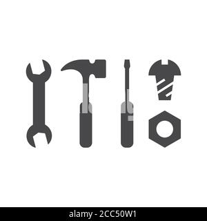 Diy tools black vector icon set. Hammer, bolt, nut, spanner and screwdriver glyph symbols. Stock Vector