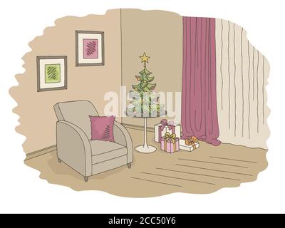 Living room graphic Christmas tree color interior sketch illustration vector Stock Vector Image