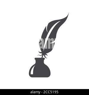 Pen feather in ink bottle black vector icon. Inkstand or ink well with bird feather glyph silhouette symbol. Stock Vector