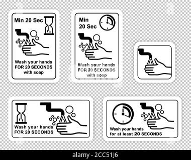 Warning signs on transparent background.. Wash your hands for at least 20 seconds. Stock Vector