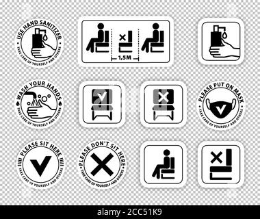 Warning signs on transparent background.. Keep distance between people. Do not sit here. Keep safe distance. Wash your hands Stock Vector
