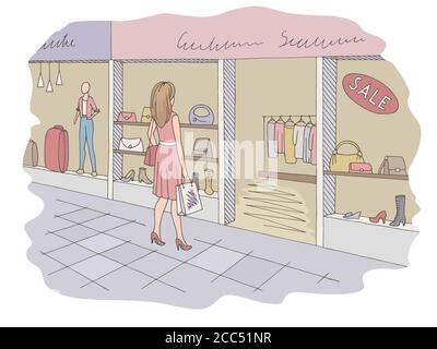 Woman standing and looking at the shop. Shopping mall graphic color interior sketch illustration vector Stock Vector