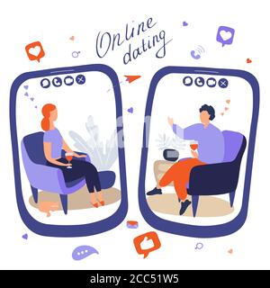 Tablet screens where people communicate through online messenger. Heterosexual couple met on internet app. International marriages and relationships Stock Vector