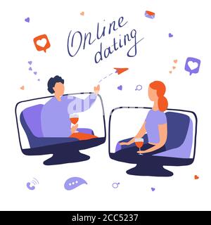Online dating concept. Young woman and man talking online. Couple met on dating site and communicate on Internet. Long distance relationships Stock Vector