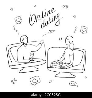 Online dating concept. Young woman and man talking online. Couple met on dating site and communicate on Internet. Long distance relationships Stock Vector
