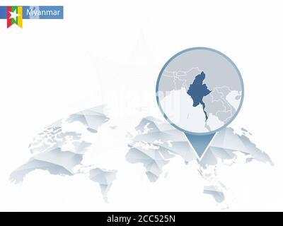 Abstract rounded World Map with pinned detailed Myanmar map. Map and flag of Burma. Vector Illustration. Stock Vector