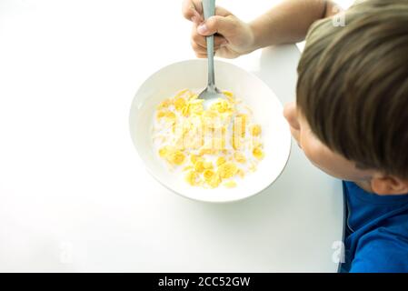cereal with milk in a white plate for breakfast, space for text, isolate Stock Photo