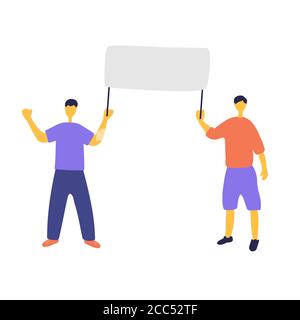 Young men at picket. Ecoactivist holds poster at rally. People go to political demonstrations. Men are protesting. Hand drawn flat vector illustration Stock Vector