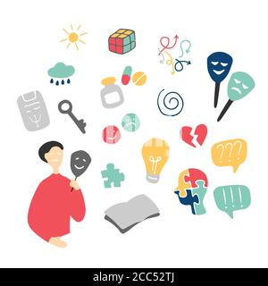 Psychology icon set. Hand drawn doodle graphic Stock Vector