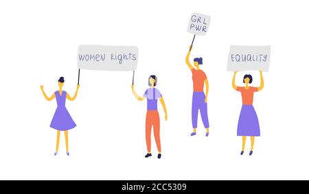 Women are fighting for gender equality. Female movement for equality and justice. Feminists with posters at rally. Flat vector illustration Stock Vector