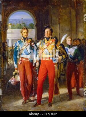 Louis-Philippe I (1773-1850), the last King of France, and his sons, the Duke of Chartres and the Duke of Némours, portrait painting by Baron François-Pascal-Simon Gérard, circa 1830-1832 Stock Photo