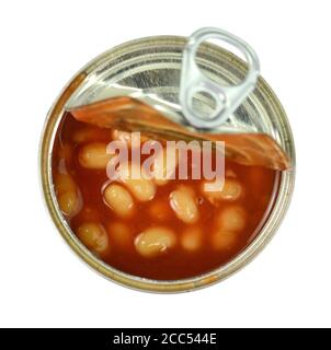 Tinnes beans top view on white. Open can of beans on a white background. Baked Beans - Baked beans in tomato sauce. Stock Photo