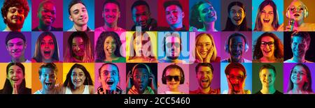 Collage of portraits of 23 young emotional people on multicolored background in neon. Concept of human emotions, facial expression, sales, ad. Listening to music, smiling, laughting, shocked, cheerful. Stock Photo