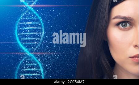 Genetics and cosmetology. Beautiful young woman with perfect skin and DNA helix on blue background, collage Stock Photo