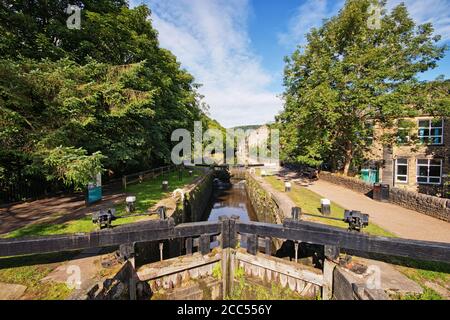 A lock on the Rochdale Canal, at Hebden Bridge, West Yorkshire, UK Stock Photo