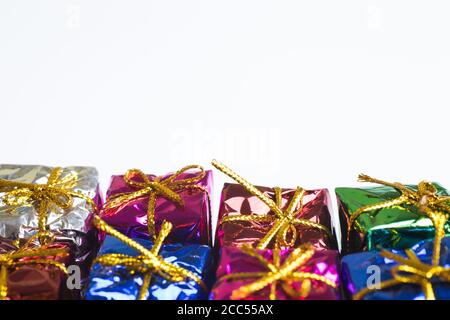 Copy space with present boxes background. Concept of birthday or christmas gift. Holidays shopping, design template Stock Photo