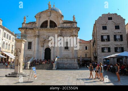 Dubrovnik, Croatia - July 15th 2018:The Church of Saint Blaise and Orlando's Column in Dubrovnik's old town, Croatia Stock Photo