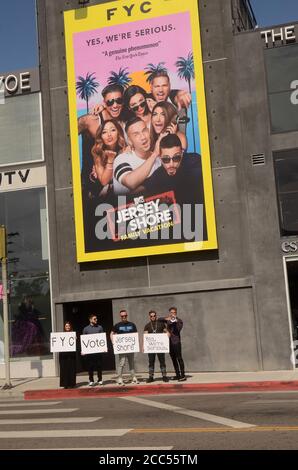 LOS ANGELES - JUN 15:   Deena Nicole Cortese, Vinny Guadagnino, Mike The Situation, Ronnie Ortiz-Magro, Pauly D at the Jersey Shore FYC Cast Photo Call at the Melrose Avenue on June 15, 2018 in West Hollywood, CA Stock Photo