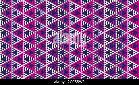 Abstract Polygonal Triangles Ornament. Triangular Shapes Wallpaper. Geometric Seamless Pattern Design Template. Dark Blue,Pink Magenta, White Color Stock Vector