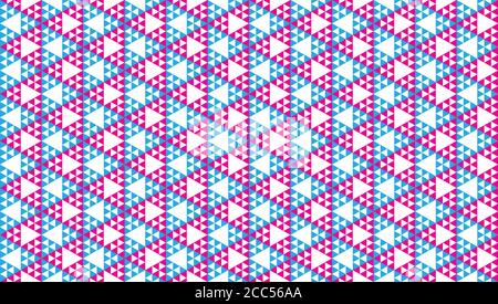 Colorful Abstract Triangles Ornament. Geometric Seamless Pattern Design Template. Polygonal Triangular Shapes Wallpaper. Light Blue Pink Magenta White Stock Vector