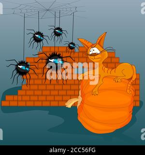 Brown cat and spiders look at each other. Cat lying on pumpkin. Spiders hanging on thread web. Happy Halloween funny greeting card.Vector illustration Stock Vector