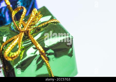 Green present bix with copy space on white background. Christmas or Birthday gift Stock Photo
