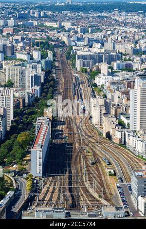 Areal view of Montparnasse train station railway lines in Paris, France Stock Photo