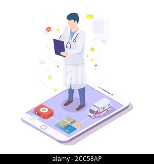 Online doctor physician with stethoscope on mobile phone screen, isometric vector illustration Stock Vector