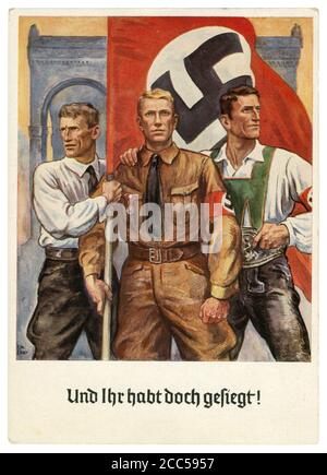 German historical postcard: 15th anniversary of the Beer hall putsch, a resident of the Sudetenland, an SA Fighter and an Austrian with a flag, 1938 Stock Photo
