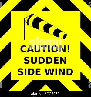 Black and yellow chevron vector graphic of a wind sock blowing sideways and a warning of sudden side wind Stock Vector