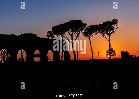 Wonderful sunset with a sky that turns red. In the foreground of the Mediterranean pine trees and ancient remains of a ancient Roman aqueduct. Stock Photo