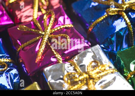 Close-up of present boxes with gifts. Celebration concept. Holidays background Stock Photo