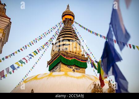Golden dome and spire of Swayambhunath stupa in Kathmandu, Nepal. Stock Photo