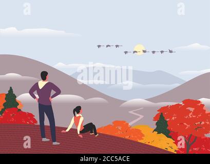 Autumn mountains hiking concept flat color vector Stock Vector