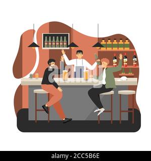 Two young men sitting at bar counter and drinking beer in cafe, pub, vector flat illustration Stock Vector