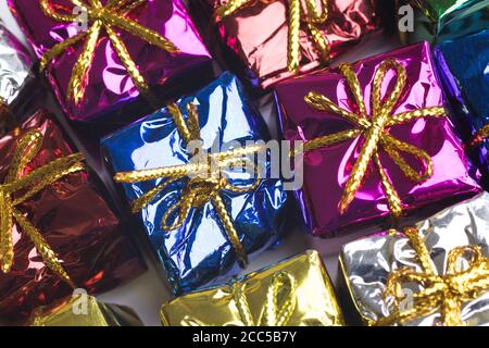 Gifts in present paper boxes top view. Copy space background Stock Photo