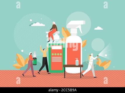 Tiny people using disinfectant, antibacterial soap and hand sanitizers against coronavirus, vector flat illustration Stock Vector