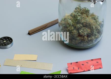 Cannabis store business industry. Coffee shop. Commerical weed for medical use. THC and CBD products selling. Marijuana in jar on background with Stock Photo
