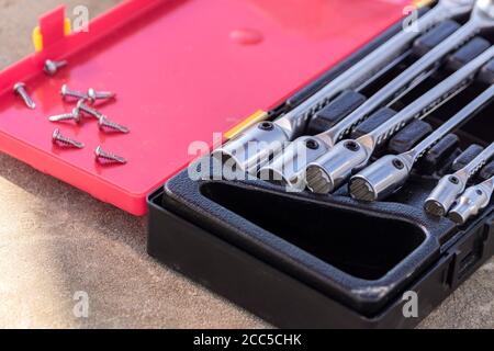 set of socket wrenches in a case, close up, selective focus Stock Photo
