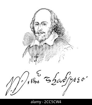 An engraved illustration portrait of the Elizabethan playwright William Shakespeare and his signature from a Victorian book dated 1883 that is no long Stock Photo