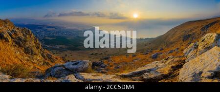 Panoramic sunrise view of the Sea of Galilee, from mount Arbel. Northern Israel Stock Photo