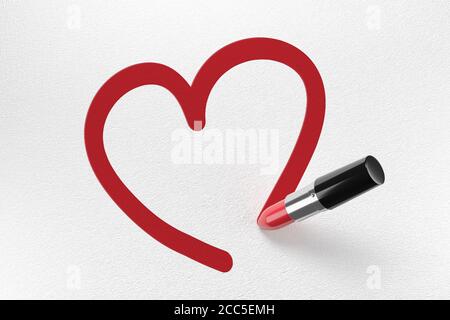 Lipstick drawing a red heart on a white background. . 3d illustration. Stock Photo