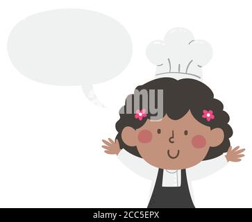 Illustration of an African American Kid Girl Wearing Apron and Chef Hat with Blank Speech Bubble Stock Photo